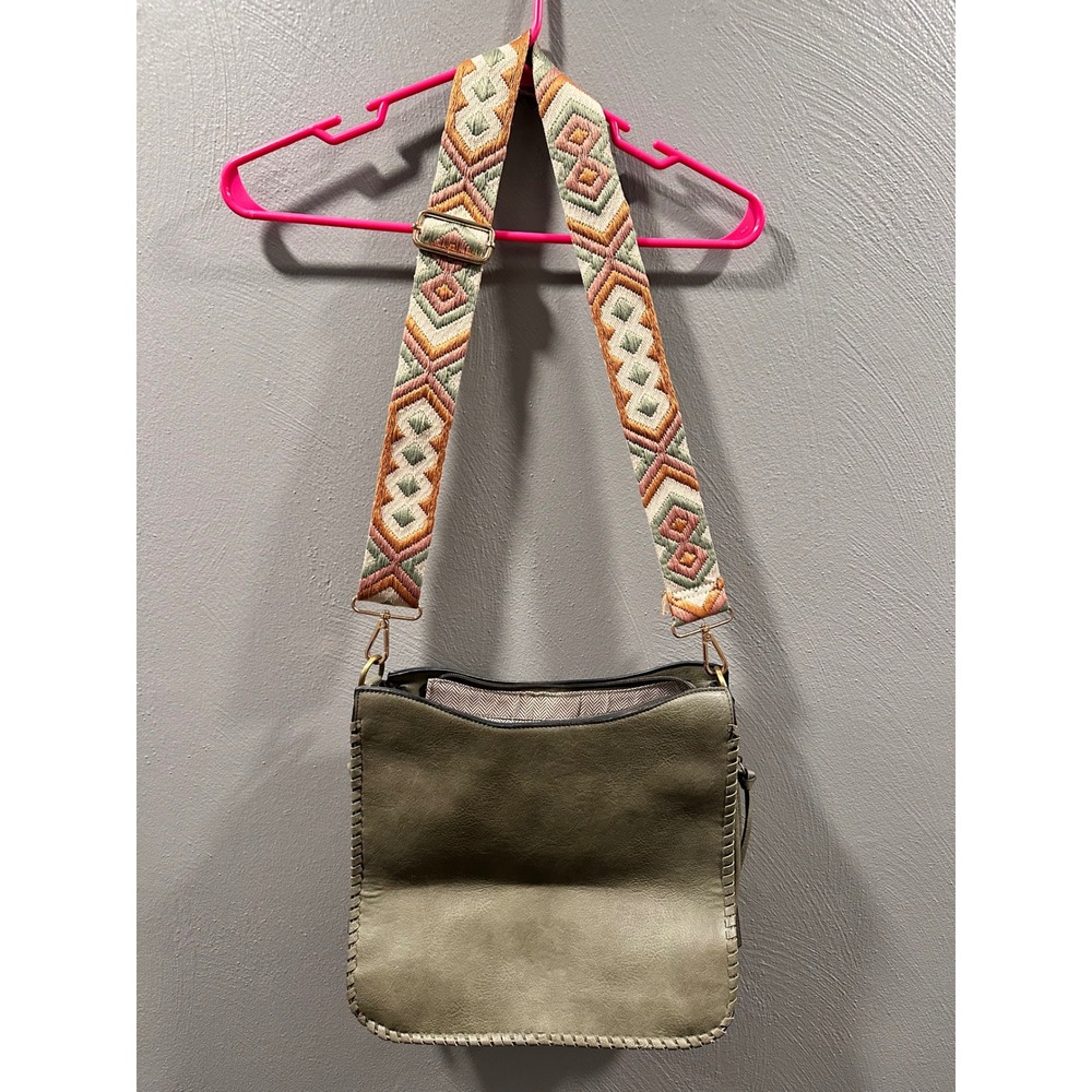 Jen & Co Olive Green Vegan Leather Crossbody Bag with Woven Guitar Strap Boho